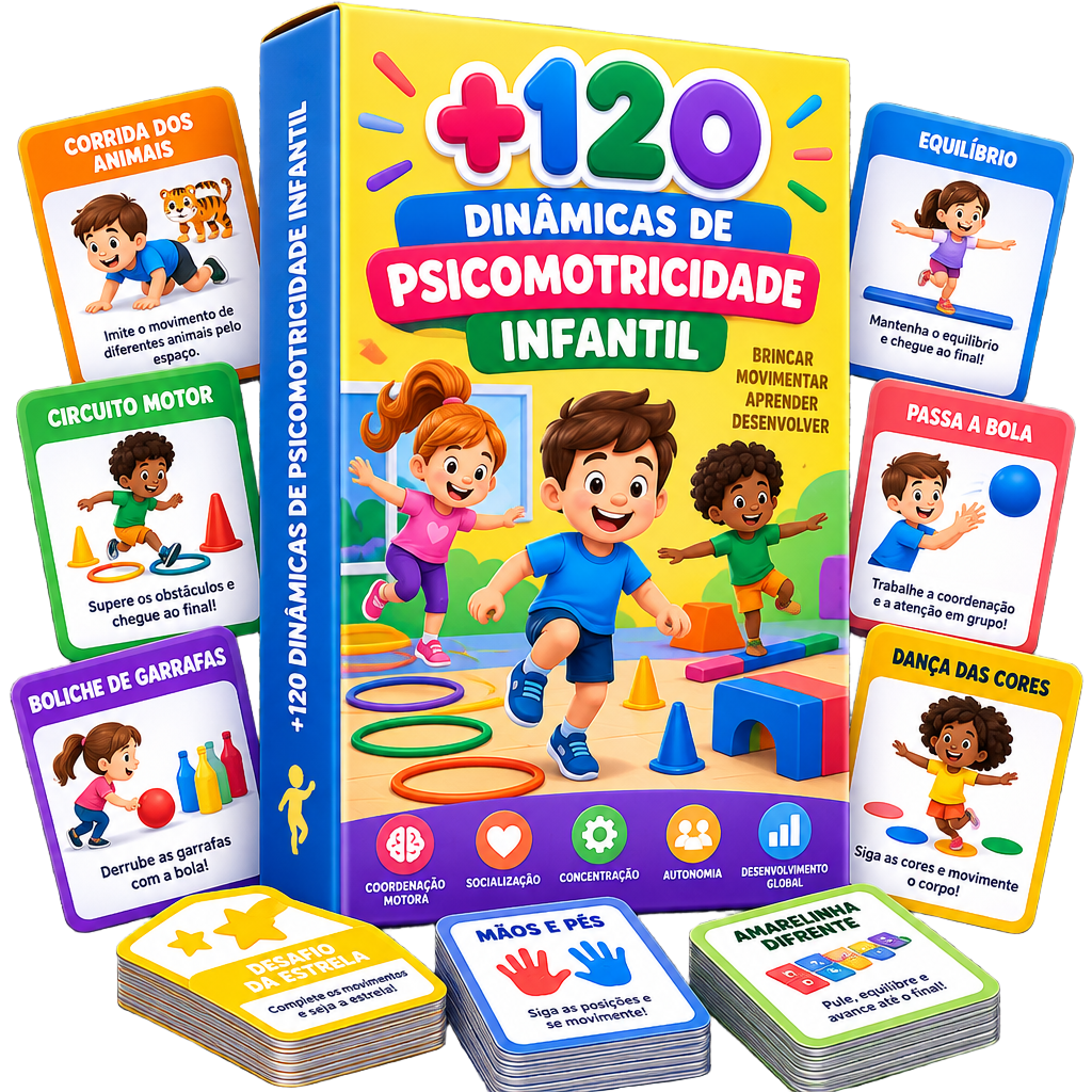 Mockup do material +120 Dinâmicas de Psicomotricidade Infantil