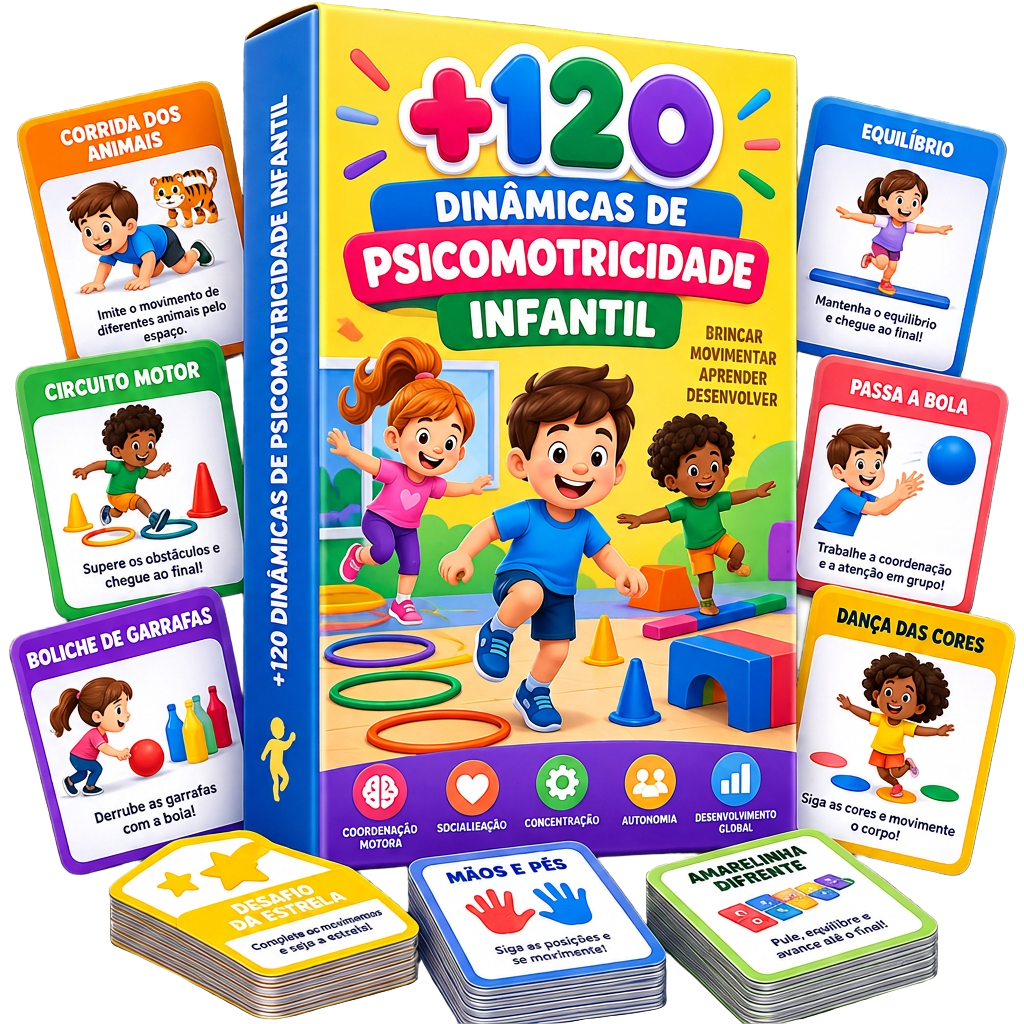 Mockup do material +120 Dinâmicas de Psicomotricidade Infantil